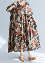 Elegant O-Neck Print Patchwork Long Dresses Short Sleeve