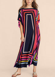 Elegant O-Neck Striped Patchwork Side Open Maxi Beach Dresses Short Sleeve