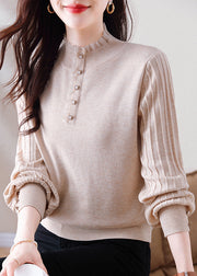 Elegant Oatmeal Ruffled Button Patchwork Woolen Sweater Spring