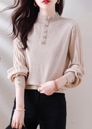 Elegant Oatmeal Ruffled Button Patchwork Woolen Sweater Spring