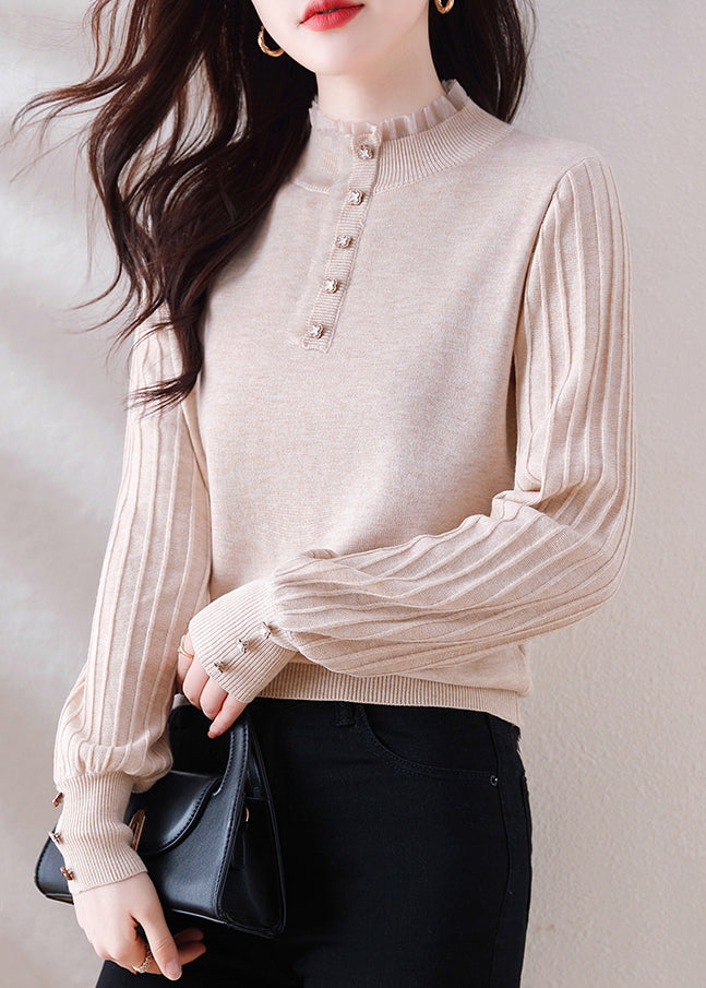 Elegant Oatmeal Ruffled Button Patchwork Woolen Sweater Spring