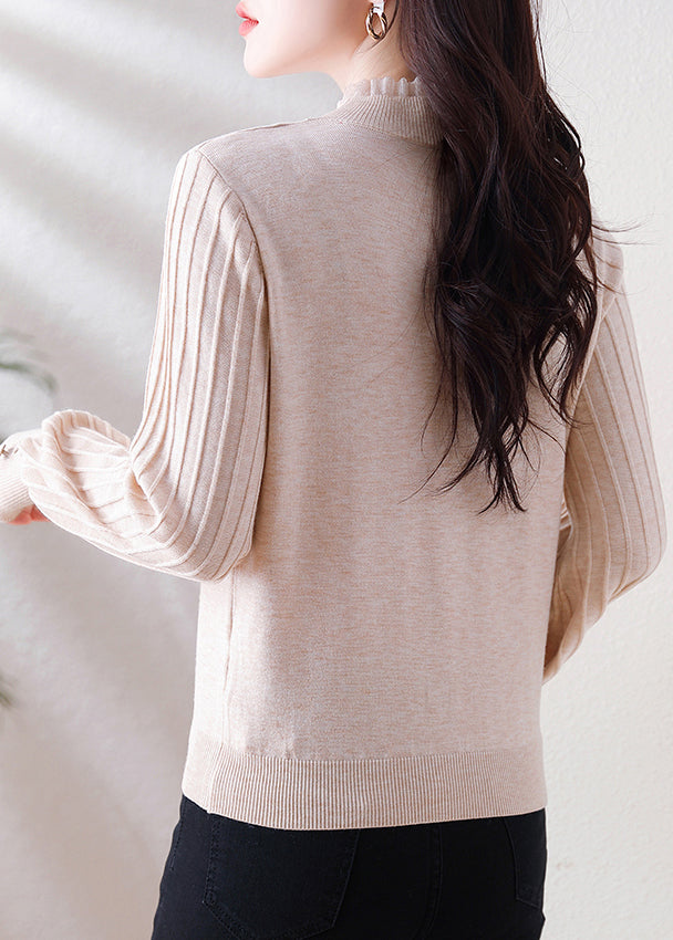 Elegant Oatmeal Ruffled Button Patchwork Woolen Sweater Spring