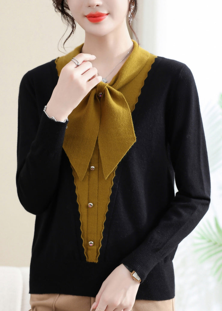 Elegant Orange Bow Patchwork Knit Sweaters Spring