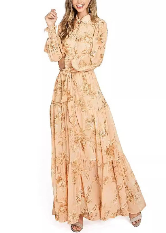 Elegant Orange Button Print Cotton Maxi Dresses Long Sleeve