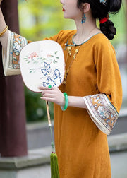 Elegant Orange Button Print Silk Long Dresses Bracelet Sleeve