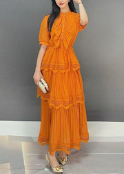 Elegant Orange Button Wrinkled Solid Long Dress Summer