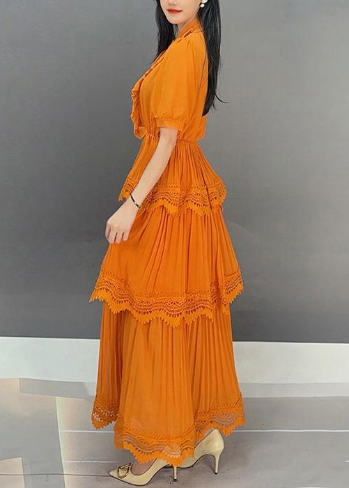 Elegant Orange Button Wrinkled Solid Long Dress Summer