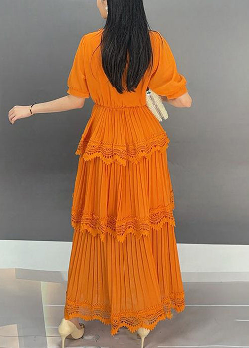 Elegant Orange Button Wrinkled Solid Long Dress Summer