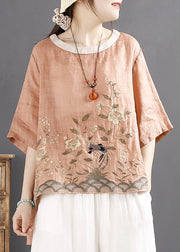 Elegant Orange Embroidered Linen Shirt Top Summer