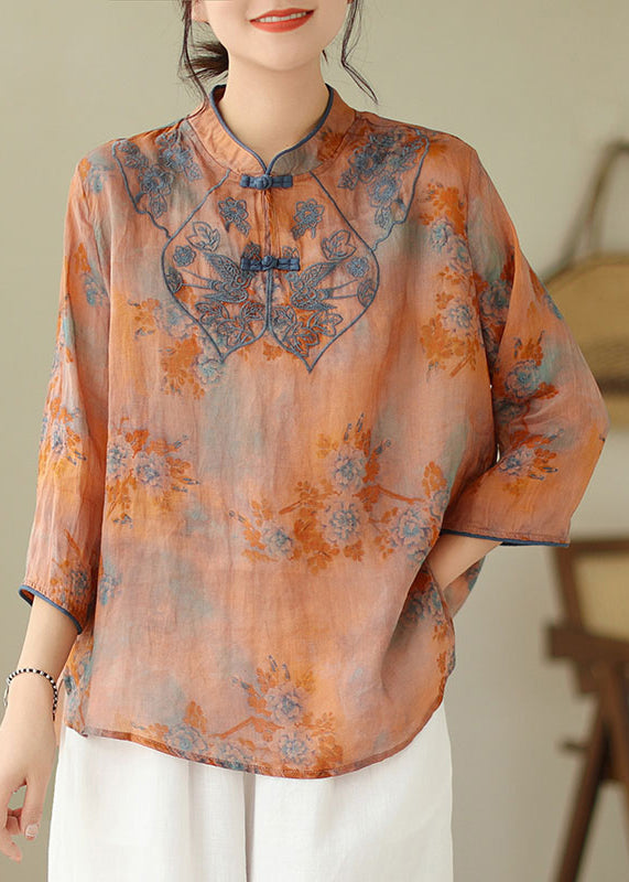 Elegant Orange Embroidered Print Cotton Shirts Half Sleeve