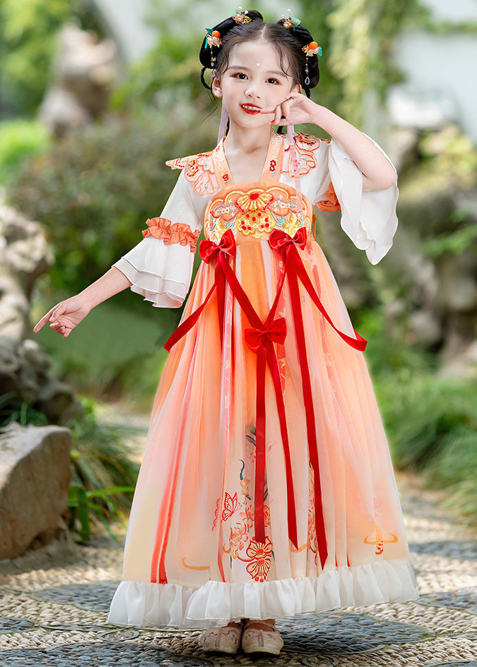 Elegant Orange Embroideried Ruffled Bow Kids Long Dress Summer