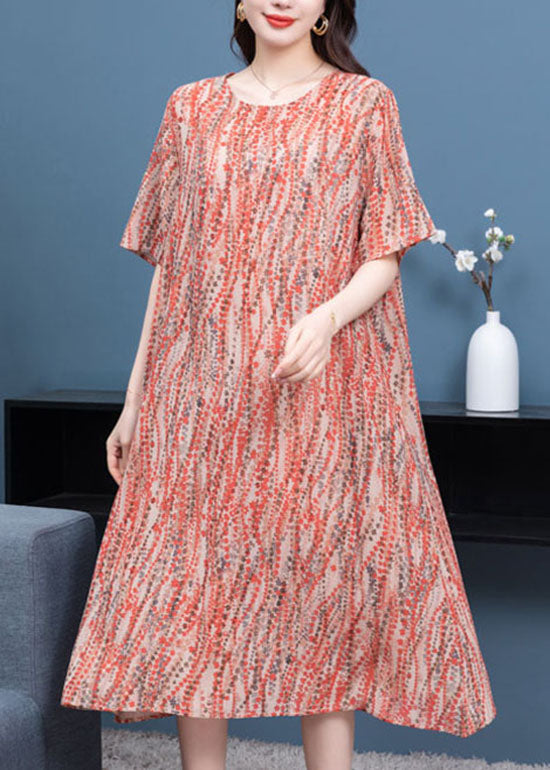 Elegant Orange O Neck Print Patchwork Chiffon Dress Summer