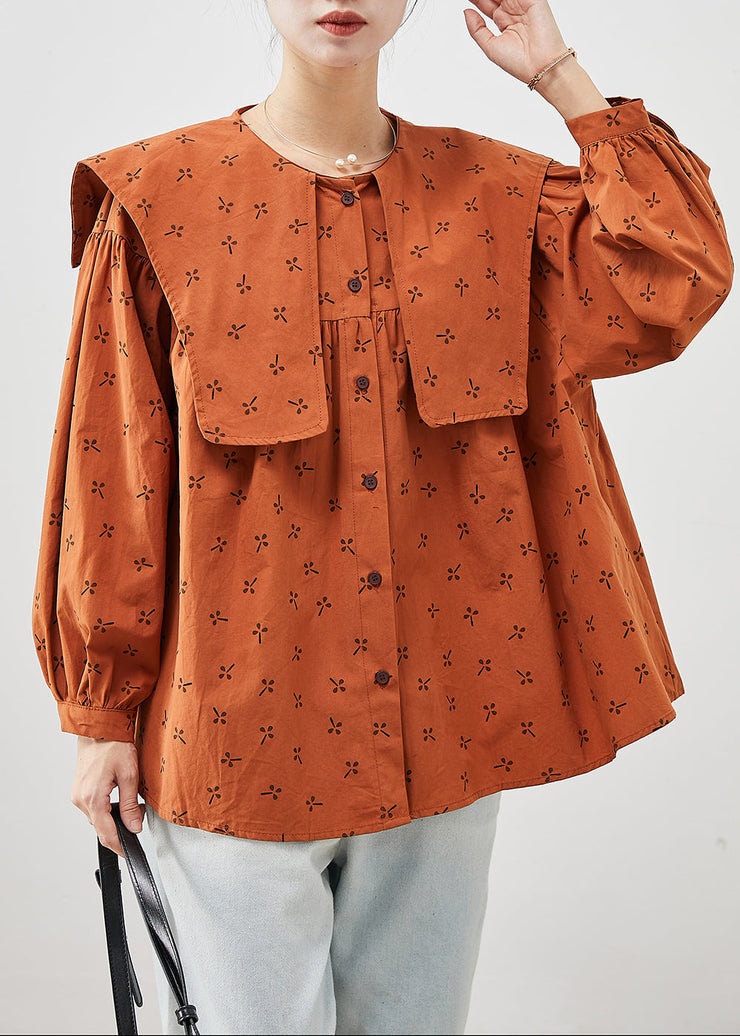 Elegant Orange Oversized Print Cotton Tops Fall