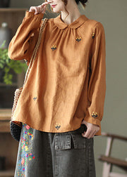 Elegant Orange Peter Pan Collar Embroideried Linen Shirt Long Sleeve