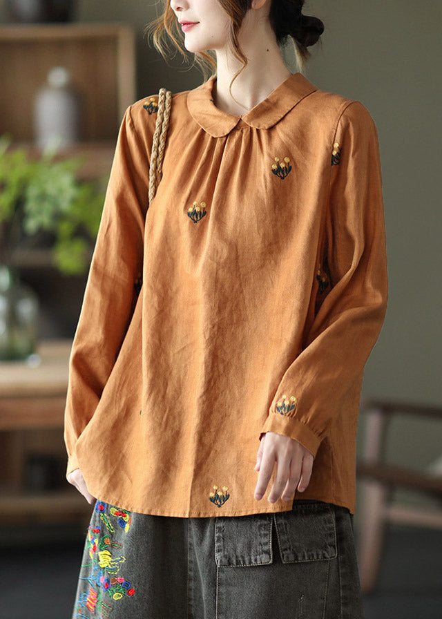 Elegant Orange Peter Pan Collar Embroideried Linen Shirt Long Sleeve