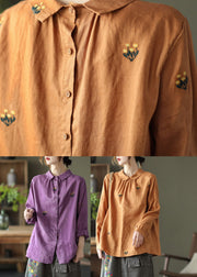 Elegant Orange Peter Pan Collar Embroideried Linen Shirt Long Sleeve