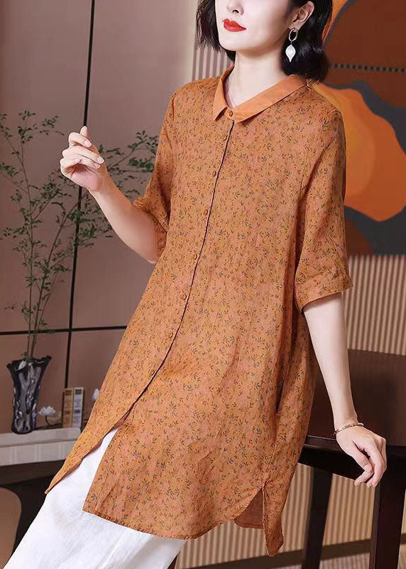 Elegant Orange Peter Pan Collar Print Patchwork Linen Shirts Top Summer