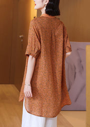 Elegant Orange Peter Pan Collar Print Patchwork Linen Shirts Top Summer