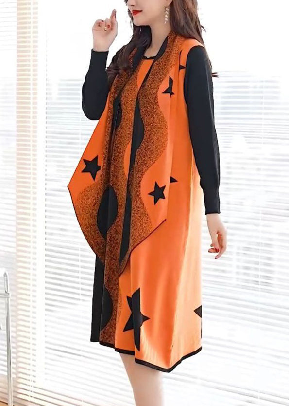 Elegant Orange Print Cozy Cotton Knit Two Piece Suit Long Sleeve