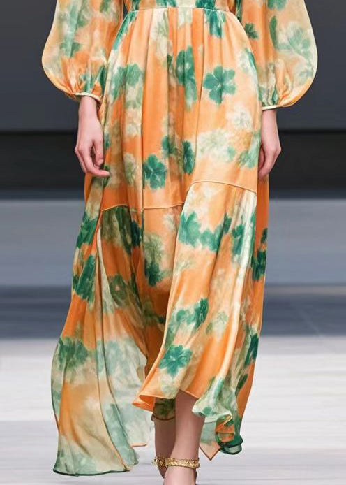 Elegant Orange Print Exra Large Hem Chiffon Long Dress Spring