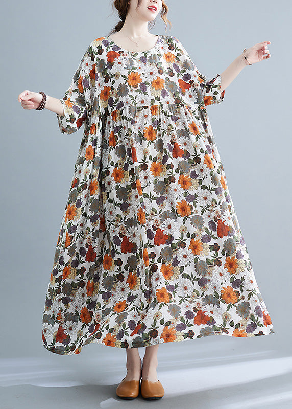 Elegant Orange Print Wrinkled Maxi Dresses Summer