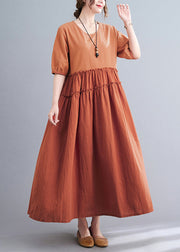 Elegant Orange Ruffled Patchwork Exra Large Hem Cotton Long Dress Summer