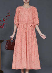Elegant Orange Ruffled Print Linen Cinched Dress Summer
