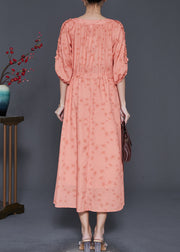 Elegant Orange Ruffled Print Linen Cinched Dress Summer