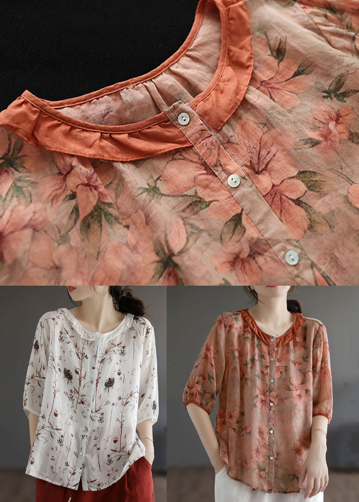 Elegant Orange Ruffled Print Patchwork Linen Shirt Top Summer