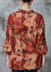 Elegant Orange Stand Collar Print Chiffon Blouses Spring