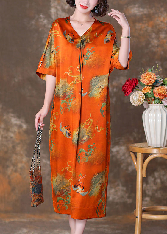 Elegant Orange V Neck Button Print Silk Long Dresses Summer
