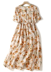 Elegant Orange V Neck Lace Up Print Linen Dresses Summer