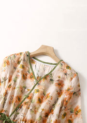 Elegant Orange V Neck Lace Up Print Linen Dresses Summer
