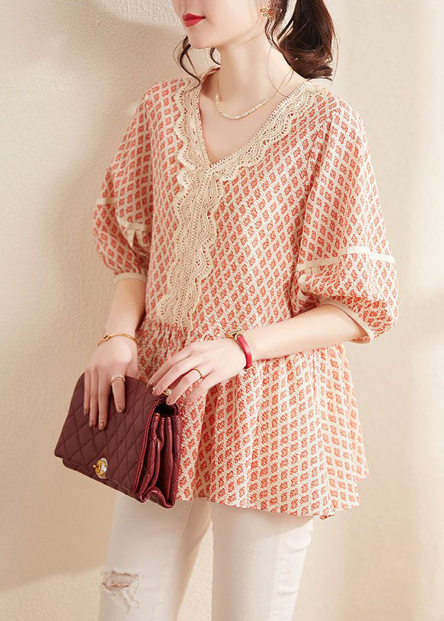 Elegant Orange V Neck Print Cotton Blouses Summer