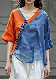 Elegant Orange V Neck Ruffled Chiffon Shirts Half Sleeve