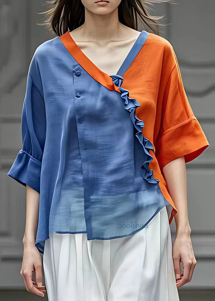 Elegant Orange V Neck Ruffled Chiffon Shirts Half Sleeve