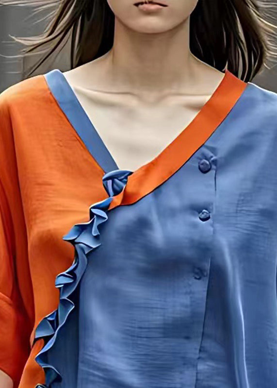 Elegant Orange V Neck Ruffled Chiffon Shirts Half Sleeve