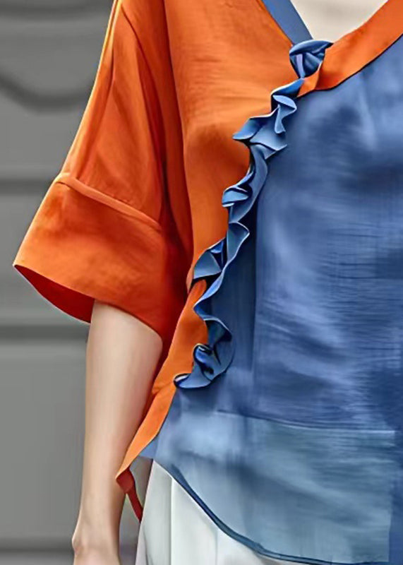 Elegant Orange V Neck Ruffled Chiffon Shirts Half Sleeve