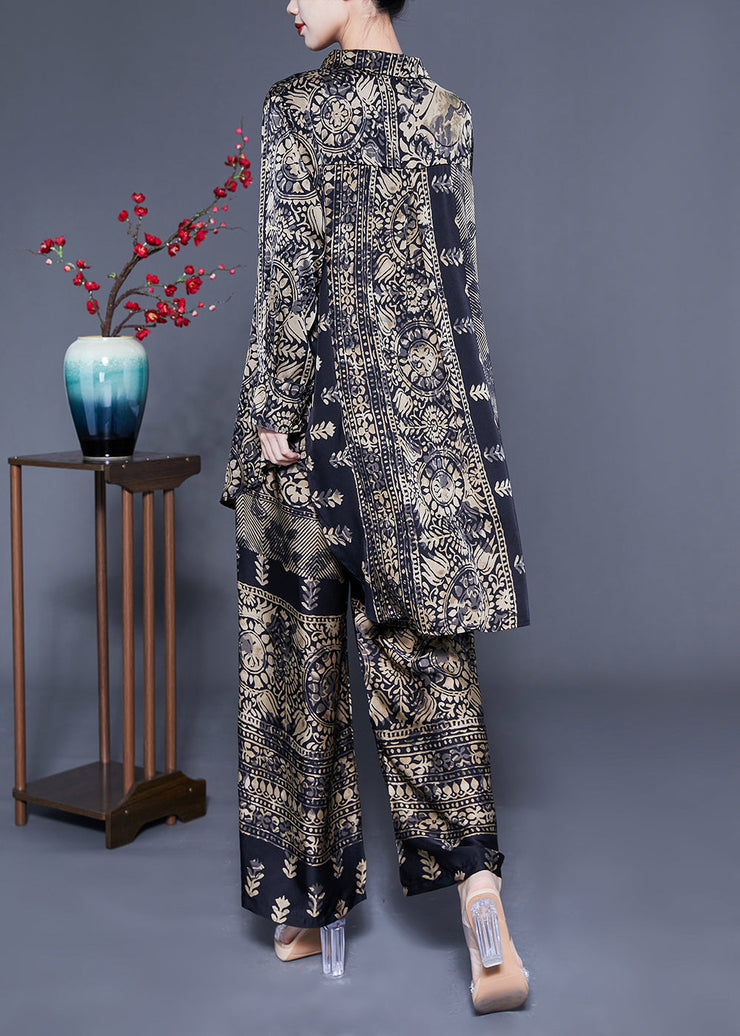 Elegant Oversized Low High Design Print Silk Two Pieces Set Spring