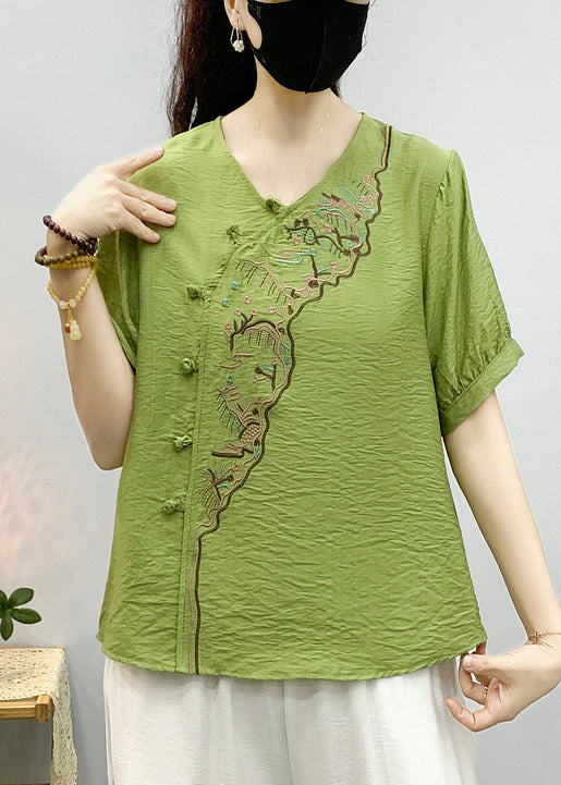 Elegant Pea Green Embroidered Button Linen Shirts Summer