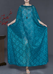 Elegant Peacock Blue Embroidered Lace Long Smock Summer