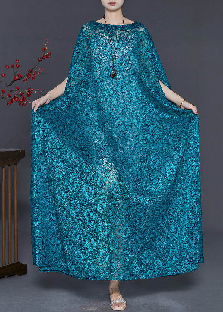 Elegant Peacock Blue Embroidered Lace Long Smock Summer