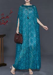 Elegant Peacock Blue Embroidered Lace Long Smock Summer