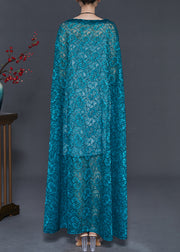 Elegant Peacock Blue Embroidered Lace Long Smock Summer