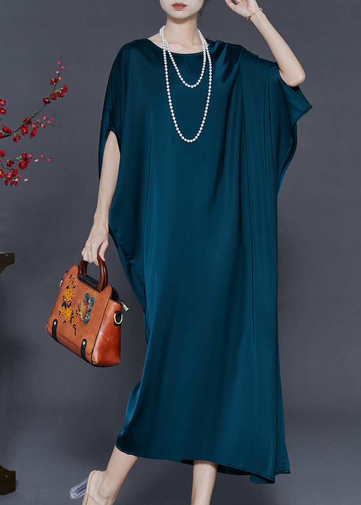 Elegant Peacock Blue Oversized Silk Party Dress Batwing Sleeve