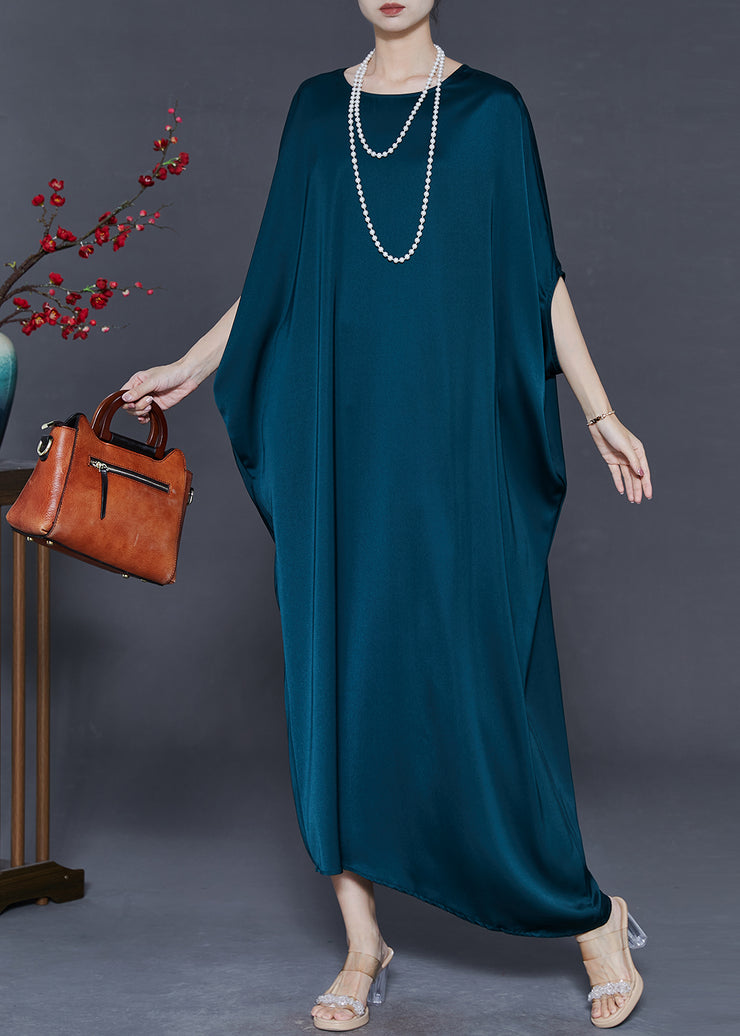 Elegant Peacock Blue Oversized Silk Party Dress Batwing Sleeve