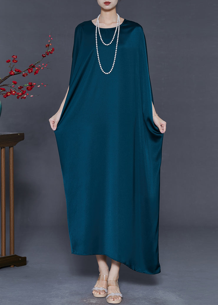 Elegant Peacock Blue Oversized Silk Party Dress Batwing Sleeve