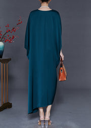 Elegant Peacock Blue Oversized Silk Party Dress Batwing Sleeve