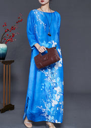 Elegant Peacock Blue Print Side Open Linen Dress Bracelet Sleeve