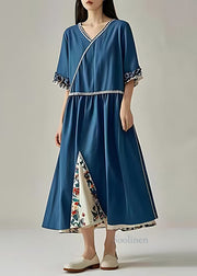 Elegant Peacock Blue Ruffled Patchwork Cotton Long Dresses Summer